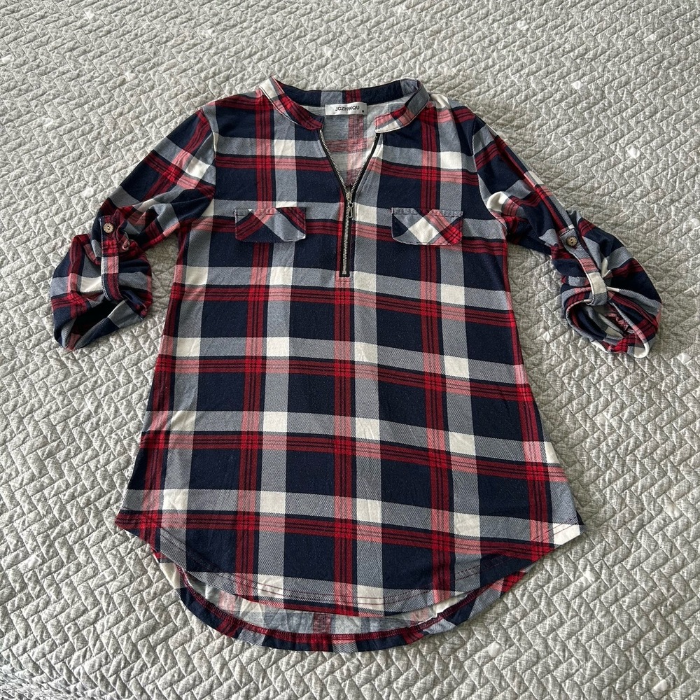 Plaid Tunic Top Womens Medium 1/4 Zip V-Neck Roll Tab Sleeves Plaid‎ Red Blue